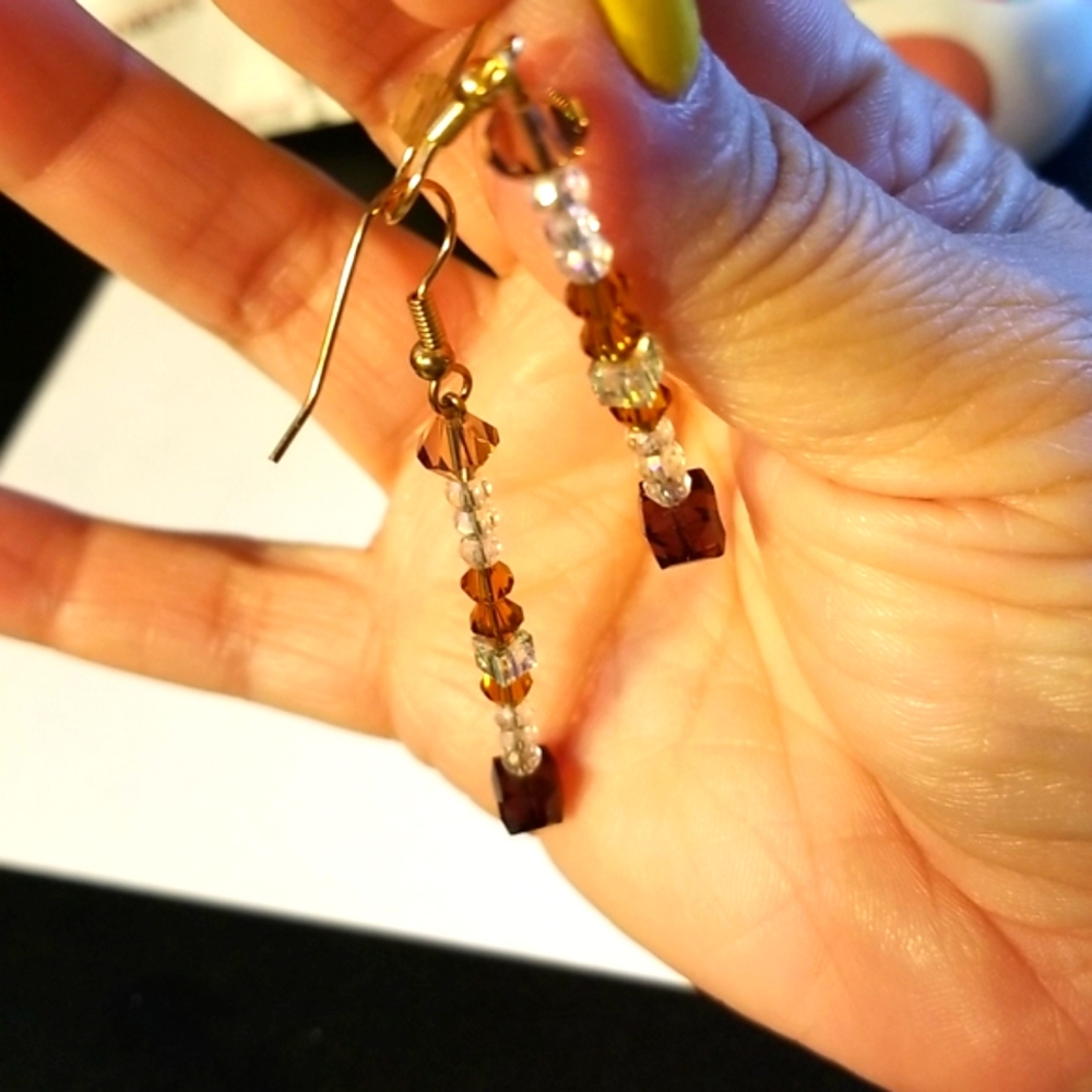 Swarovski White Brown Crystal Earrings. Dangle Drop 2.5 inches long.
